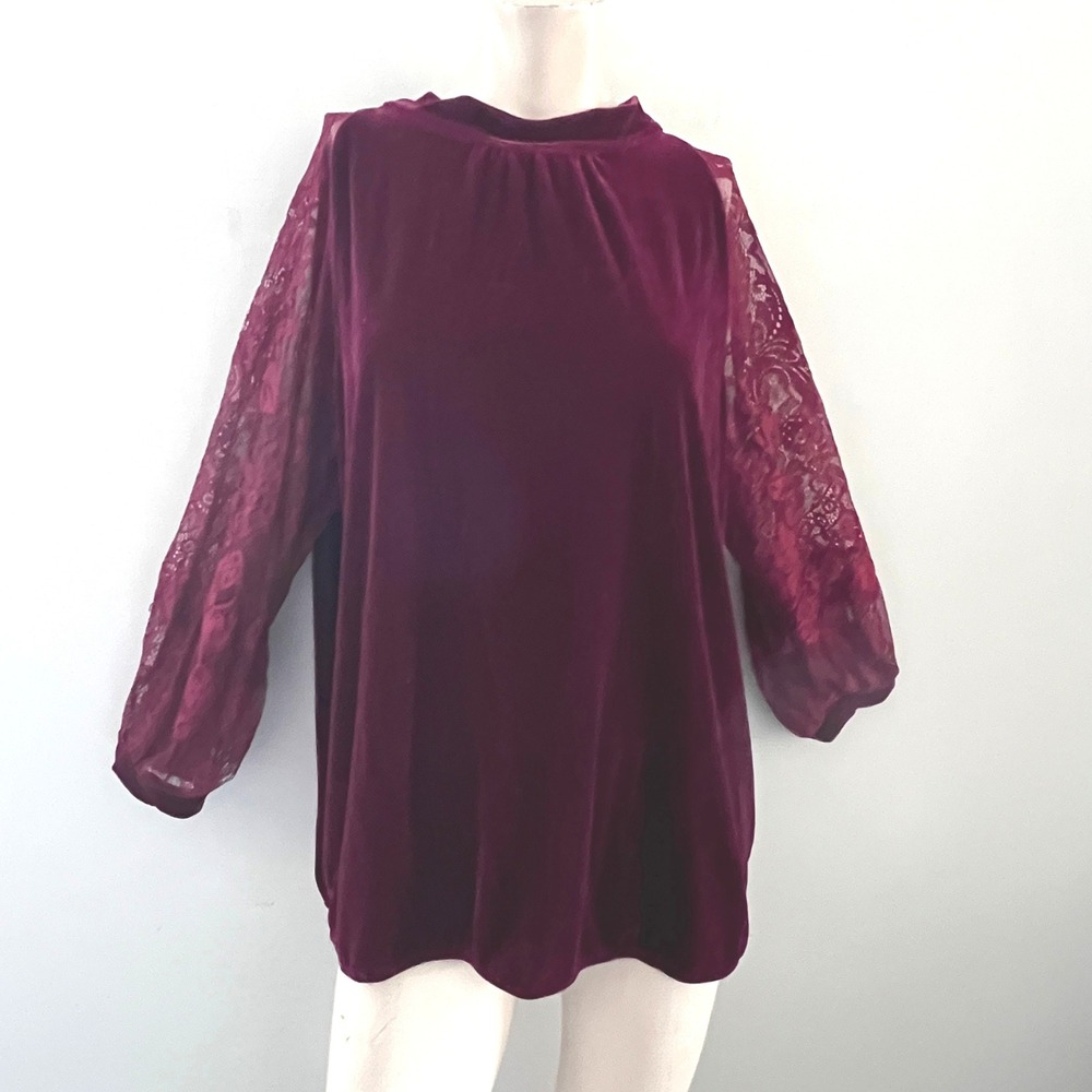 John Mark Womens Velvet Top XL Lace Sleeve Blouse Wine Elegant Romantic Timeless